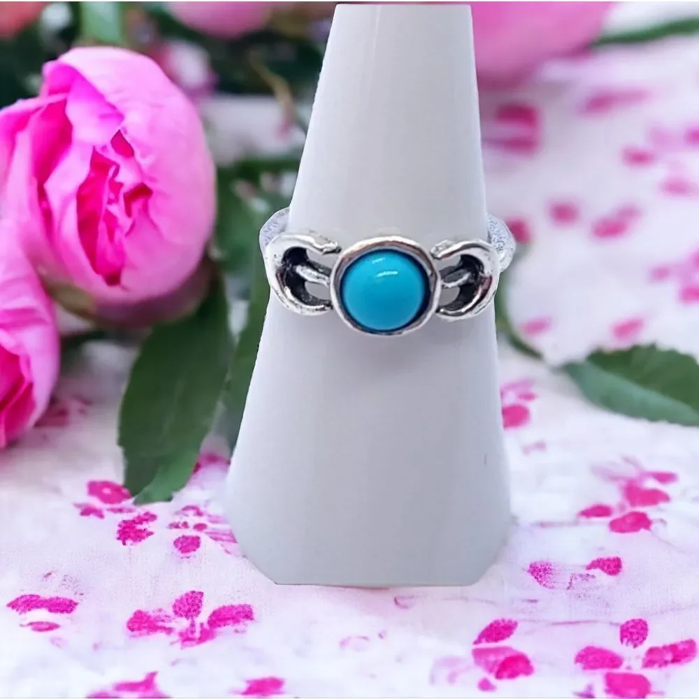 Horseshoe Turquoise Beaded Boho Ring Stackable Knuckle Pinky Silver Zinc Alloy